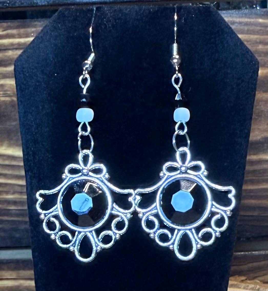 NEW Black Faceted Gem Center & Beaded Earrings in Filigree Setting