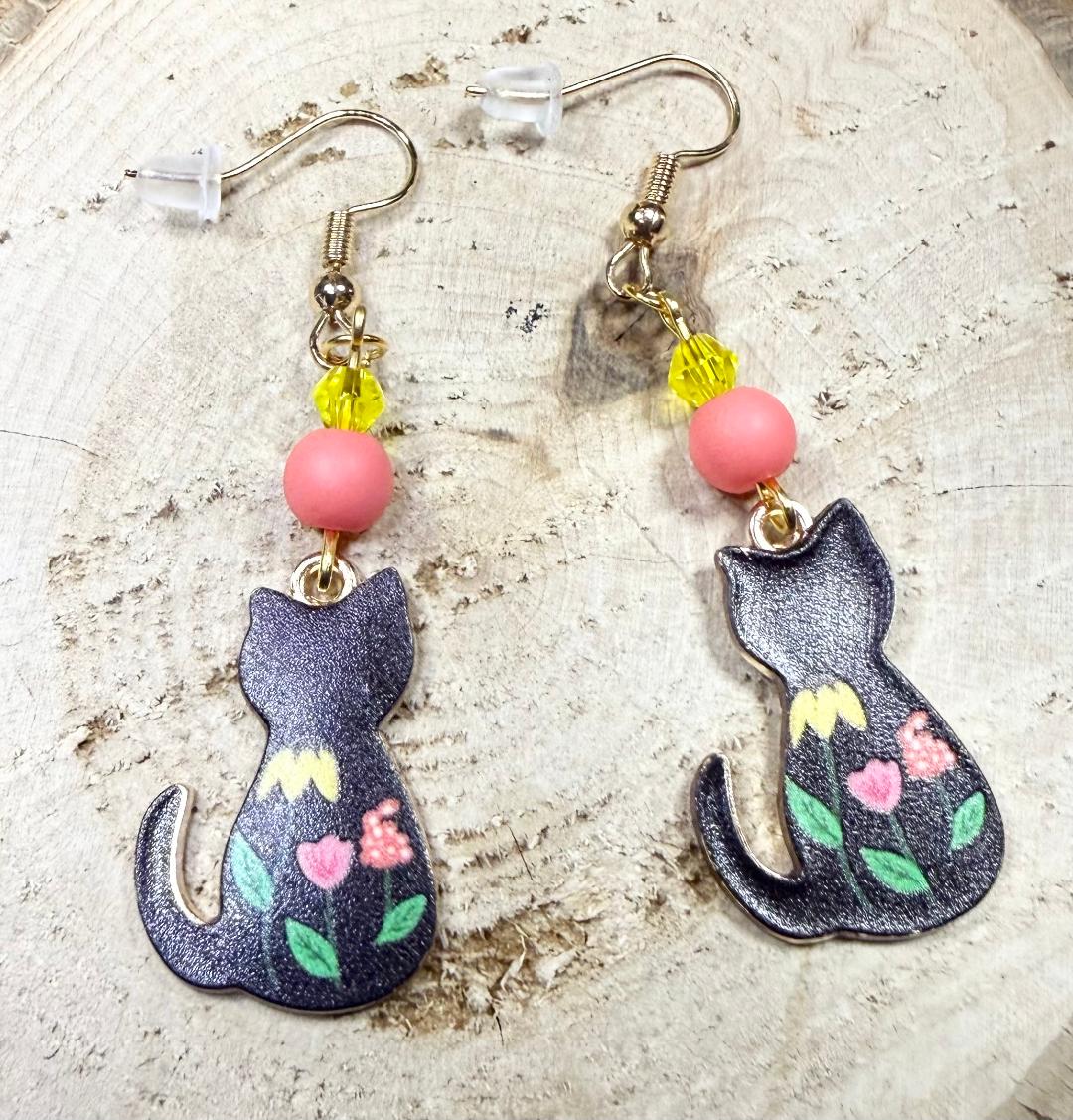 NEW Floral Black Cat Earrings w/ Coral Matte Glass & Yellow Beads
