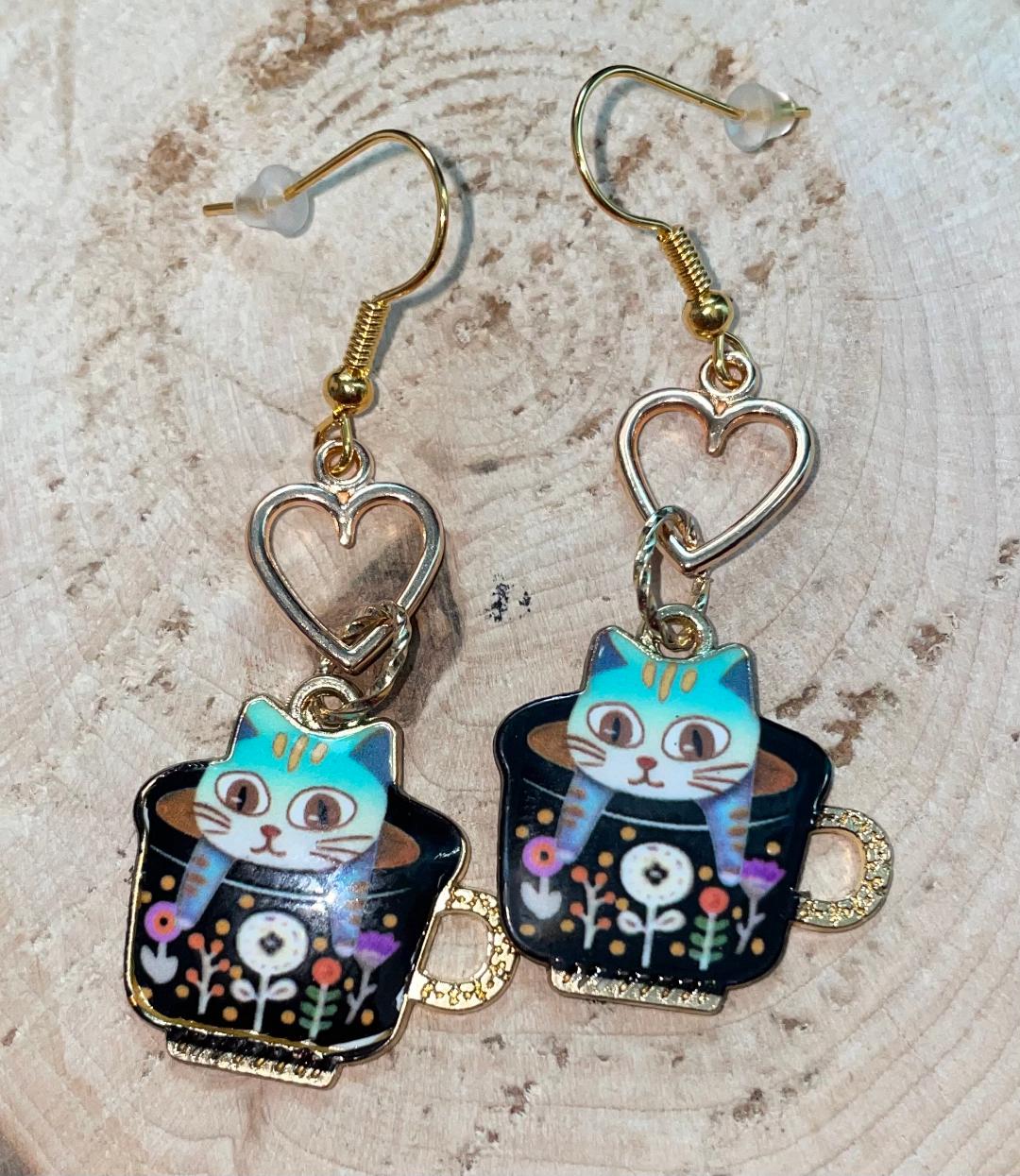 NEW Enamel Flower Teacup Kitty Cat Drop Dangle Earrings