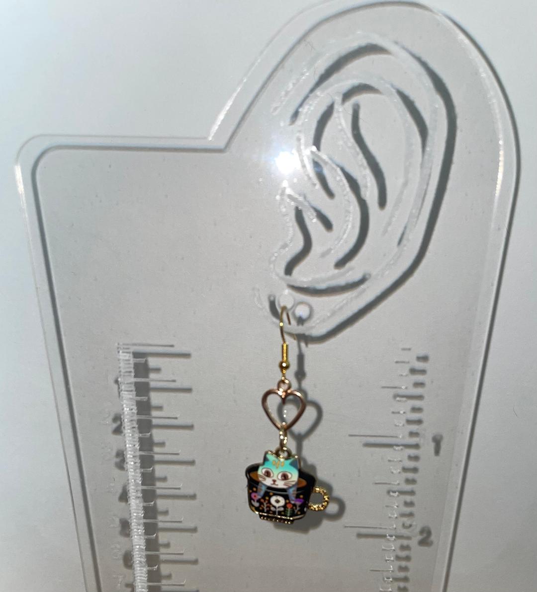 NEW Enamel Flower Teacup Kitty Cat Drop Dangle Earrings