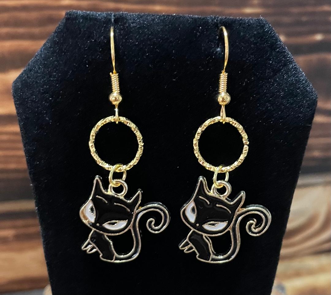 NEW Atomic Cat / Kitten Black Gold Alloy Earrings