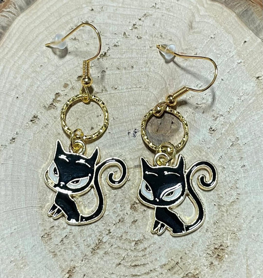 NEW Atomic Cat / Kitten Black Gold Alloy Earrings