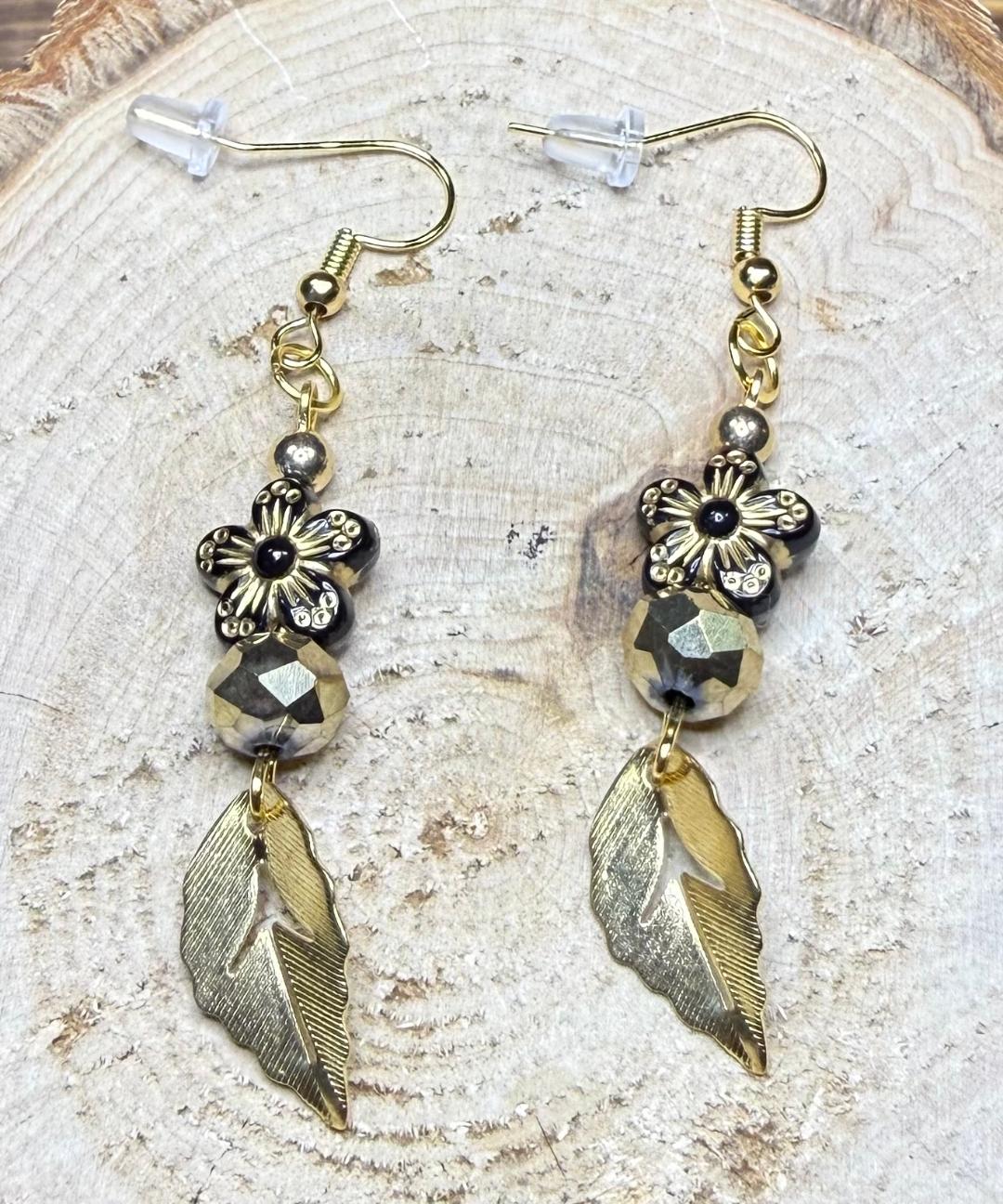 *NEW Black & Gold Flower Charm Earrings w/ Glass Beads