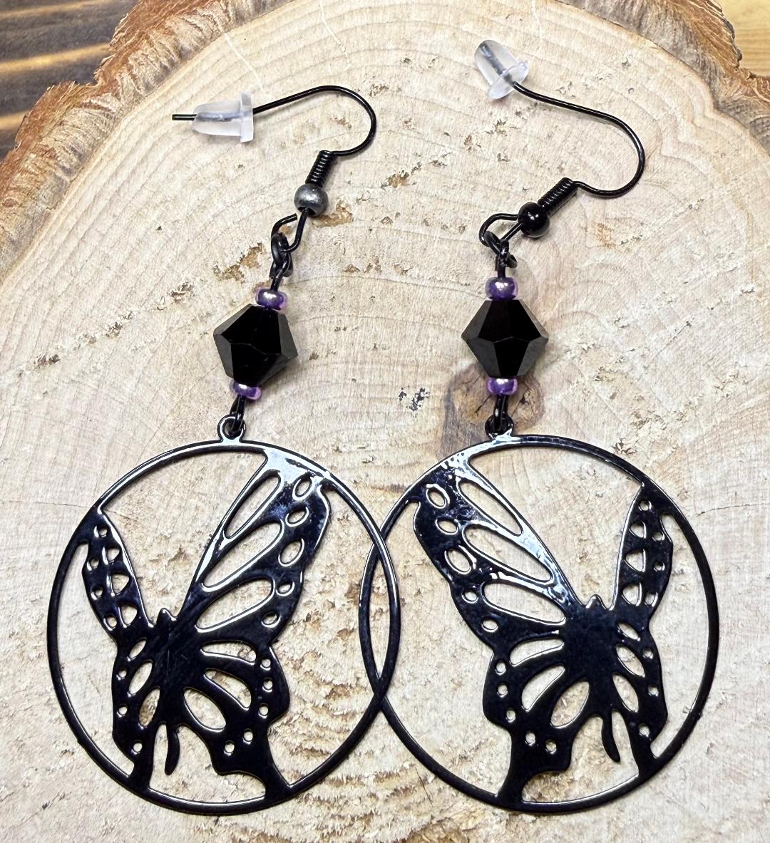 NEW Hollow Black Butterfly Hoop Earrings w/ Black Glass & Purple Seed Beads