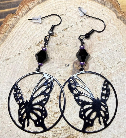 NEW Hollow Black Butterfly Hoop Earrings w/ Black Glass & Purple Seed Beads
