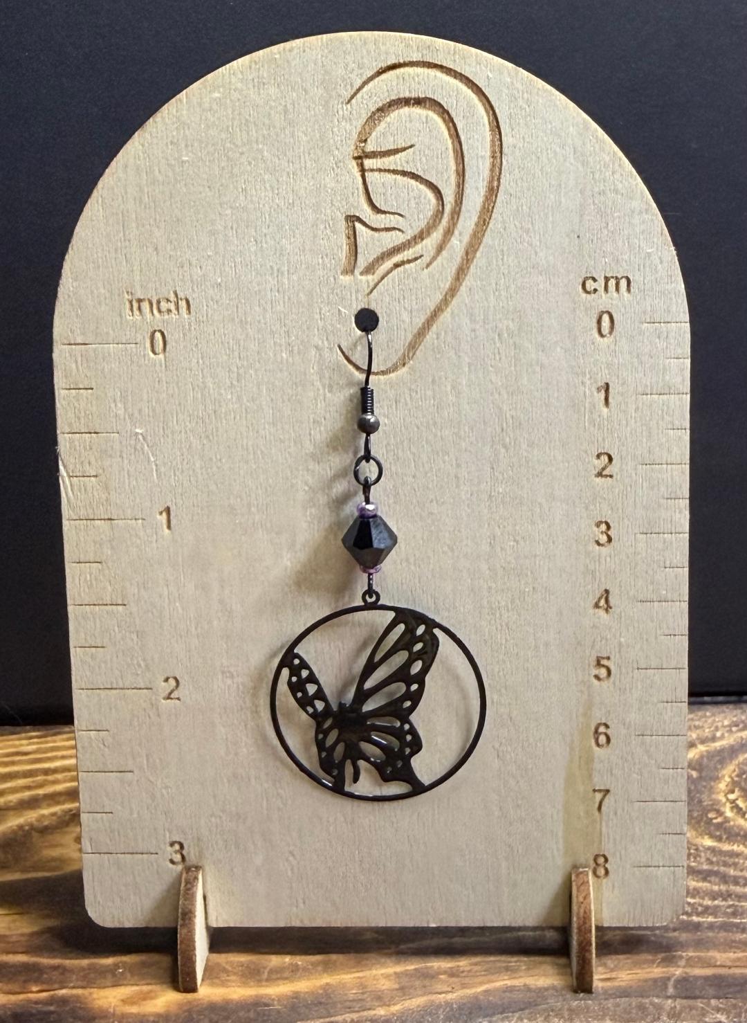 NEW Hollow Black Butterfly Hoop Earrings w/ Black Glass & Purple Seed Beads
