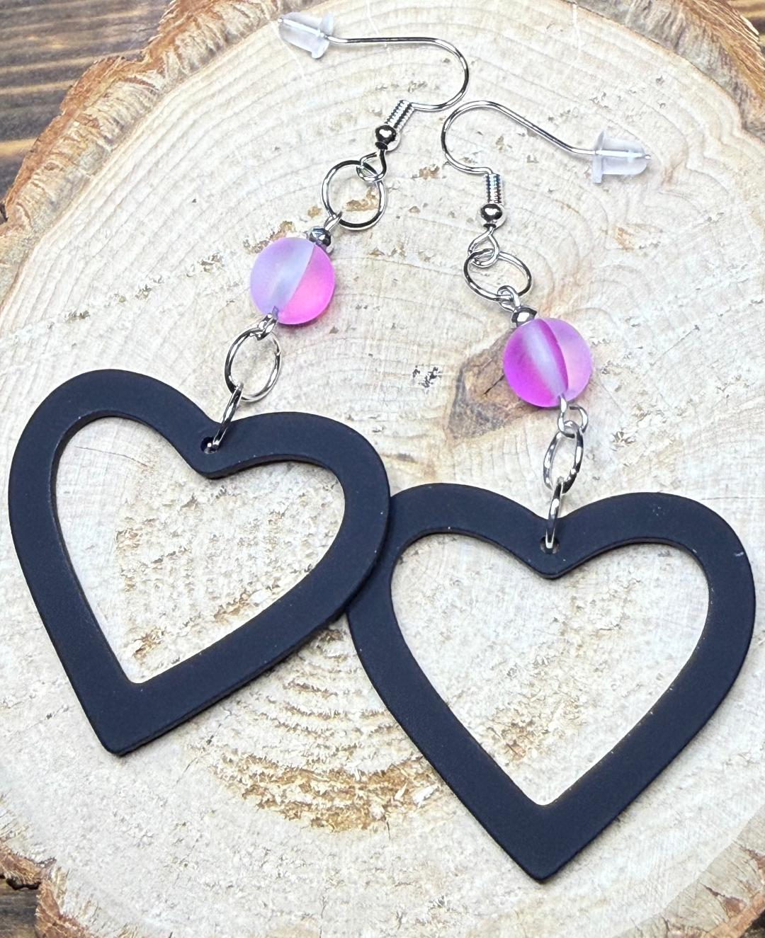 NEW Black Hollow Heart Shape Earrings w/ Frosted Two Tone Magenta Glass Beads