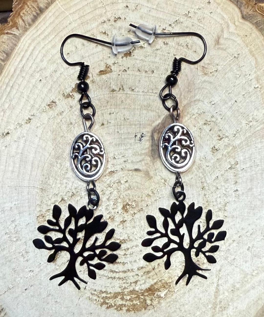 NEW Hollow Black Tree Earrings w/ Filigree Charm