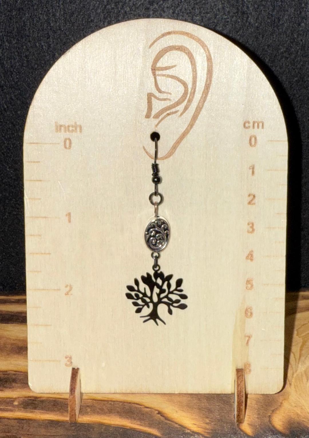 NEW Hollow Black Tree Earrings w/ Filigree Charm