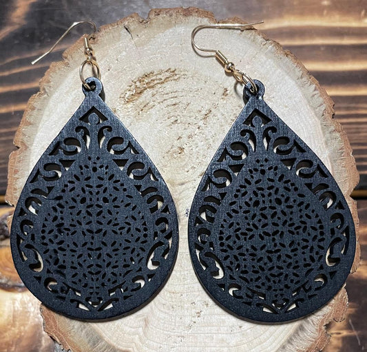 NEW Carved Wooden Hollow Black Teardrop Earrings