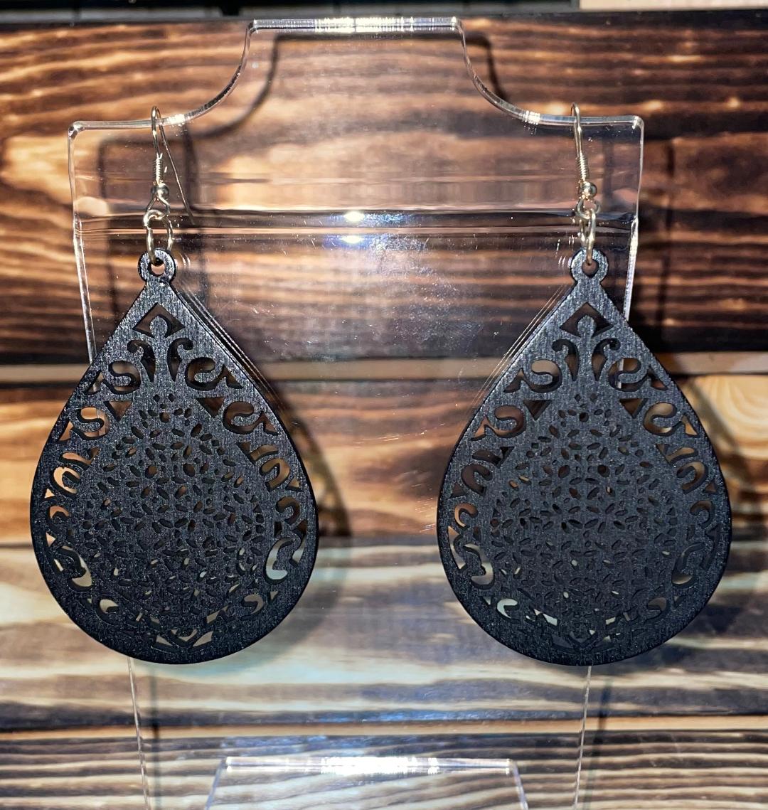 NEW Carved Wooden Hollow Black Teardrop Earrings