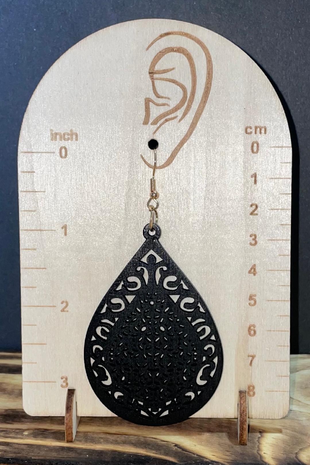 NEW Carved Wooden Hollow Black Teardrop Earrings