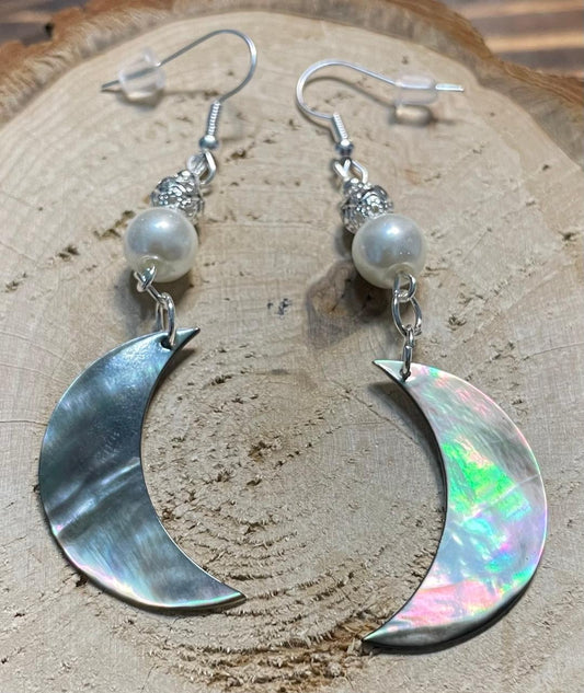 NEW Natural Black Lip Shell Moon Earrings w/ White Beads