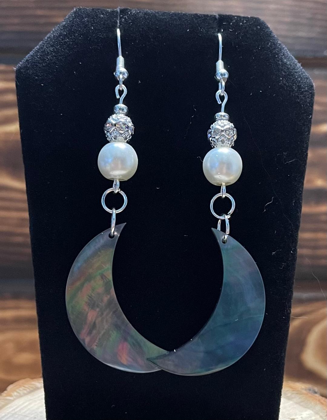 NEW Natural Black Lip Shell Moon Earrings w/ White Beads