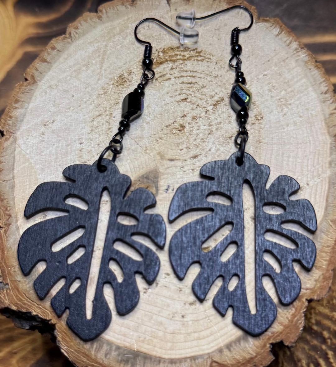 NEW Black Wooden Monstera Leaf Earrings w/ Faceted Glass Beads