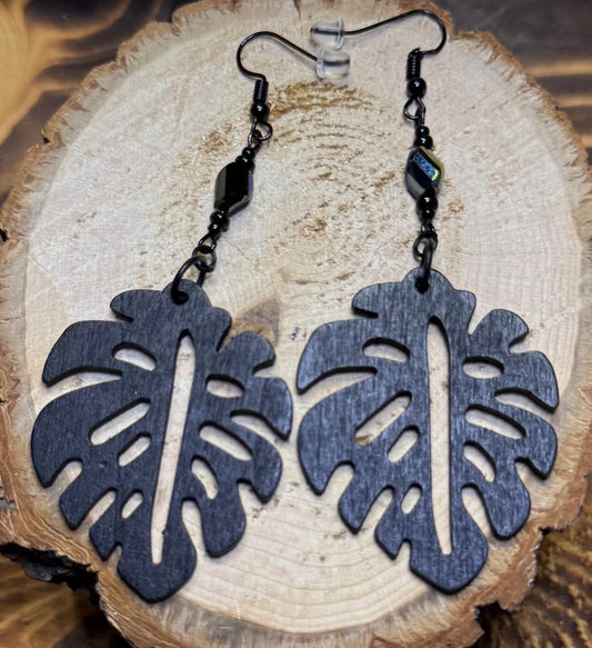 NEW Black Wooden Monstera Leaf Earrings w/ Faceted Glass Beads