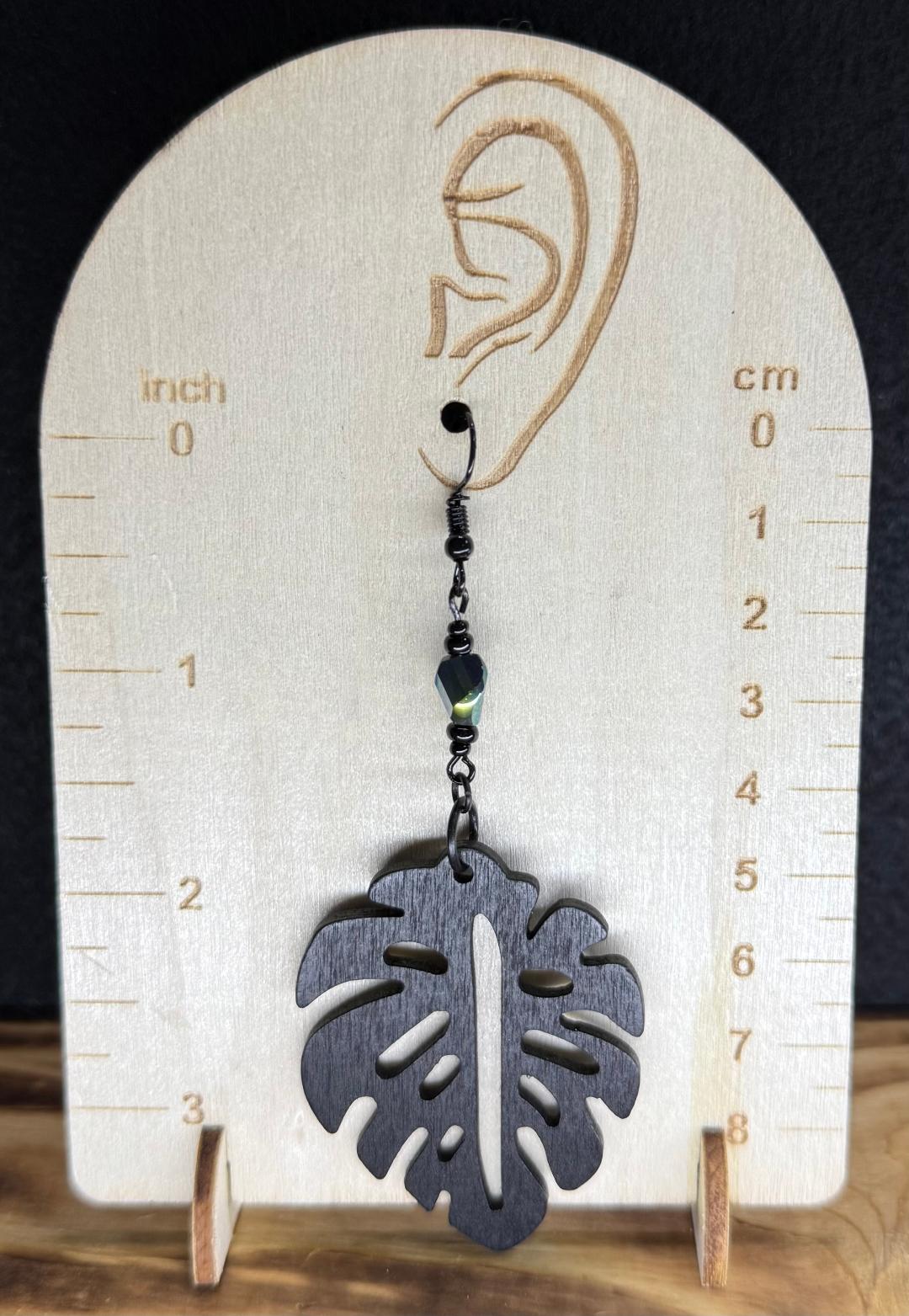 NEW Black Wooden Monstera Leaf Earrings w/ Faceted Glass Beads