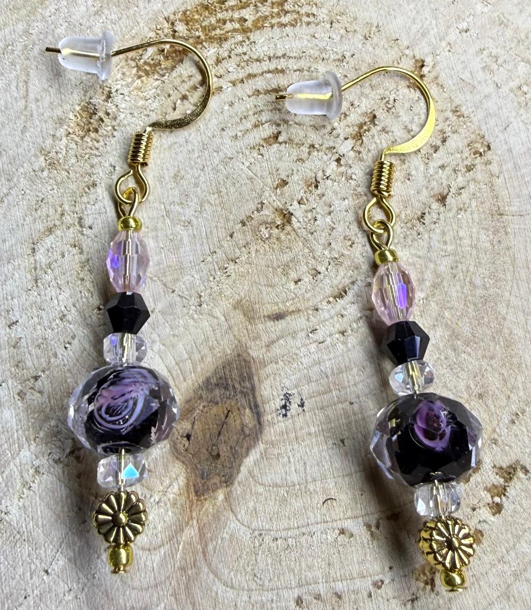 NEW Faceted Glass Pink & Black Hidden Flower Beaded Earrings