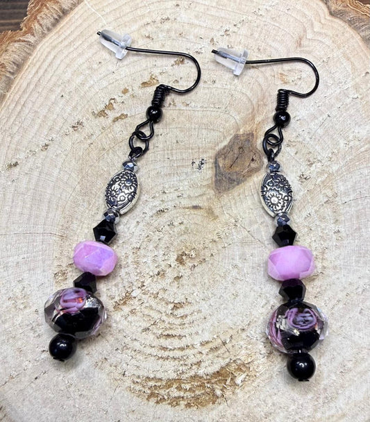 NEW Black & Pink Rose Glass Beaded Earrings