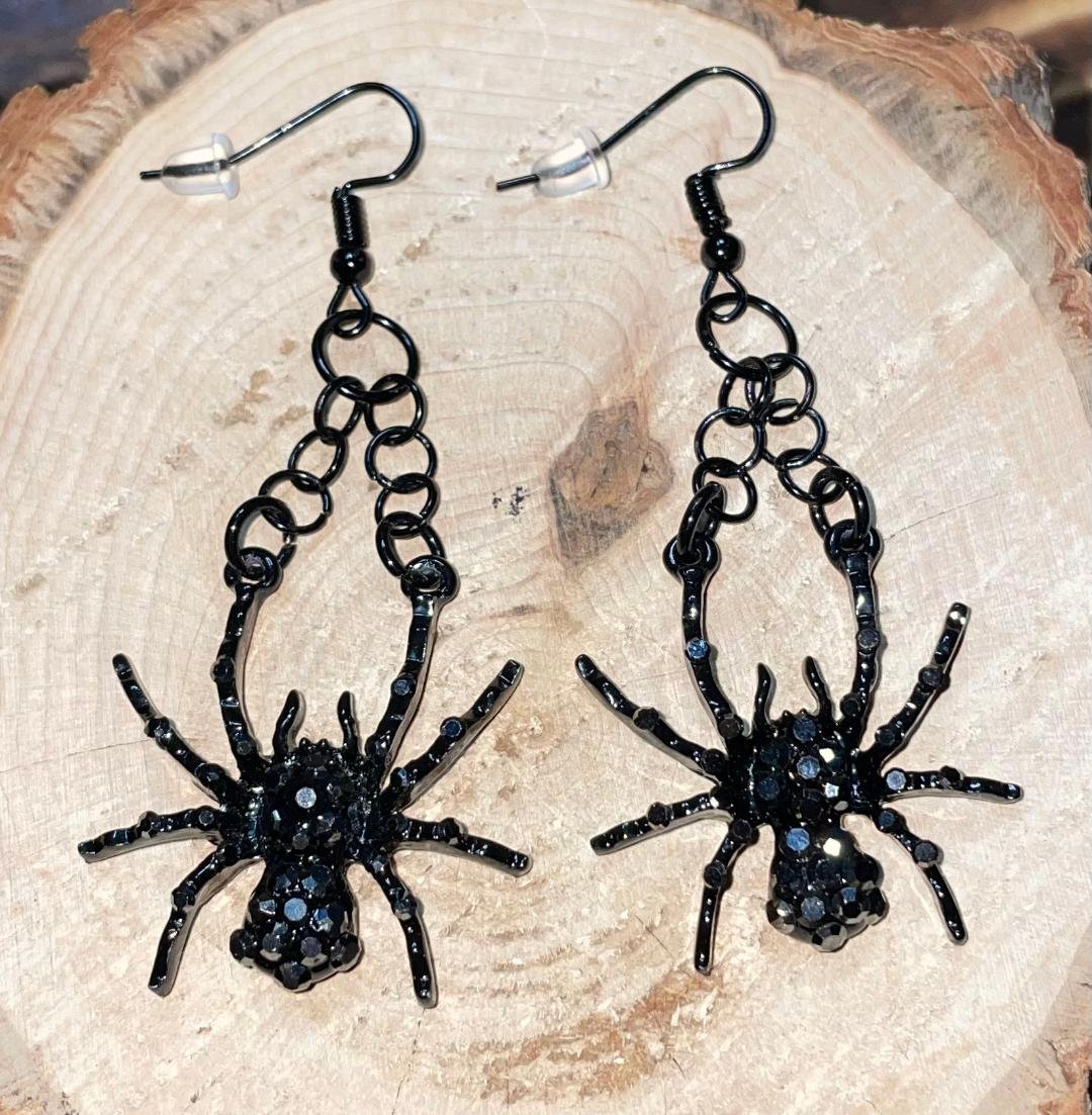 NEW Black Spider Charm Earrings w/ Rhinestones