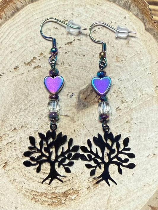 NEW Tree of Life w/ Plated Hematite Heart Earrings