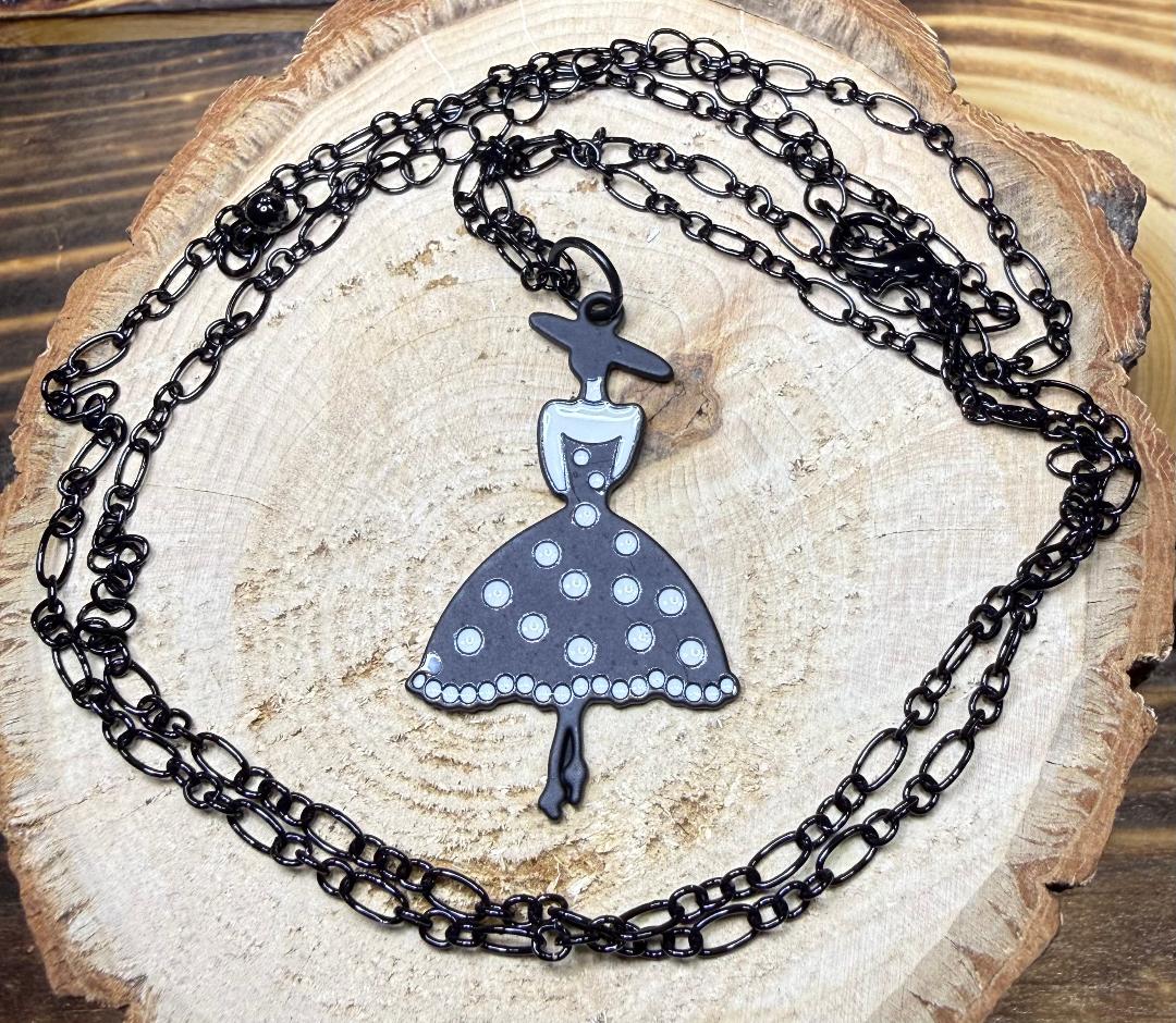 NEW High Society Lady in Black & White Polka Dot Dress 30" Necklace