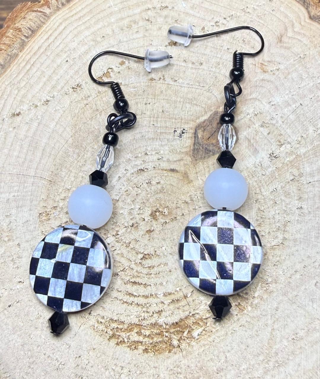 NEW Black & White Checkered Painted Shell Earrings w/ Glass Beads