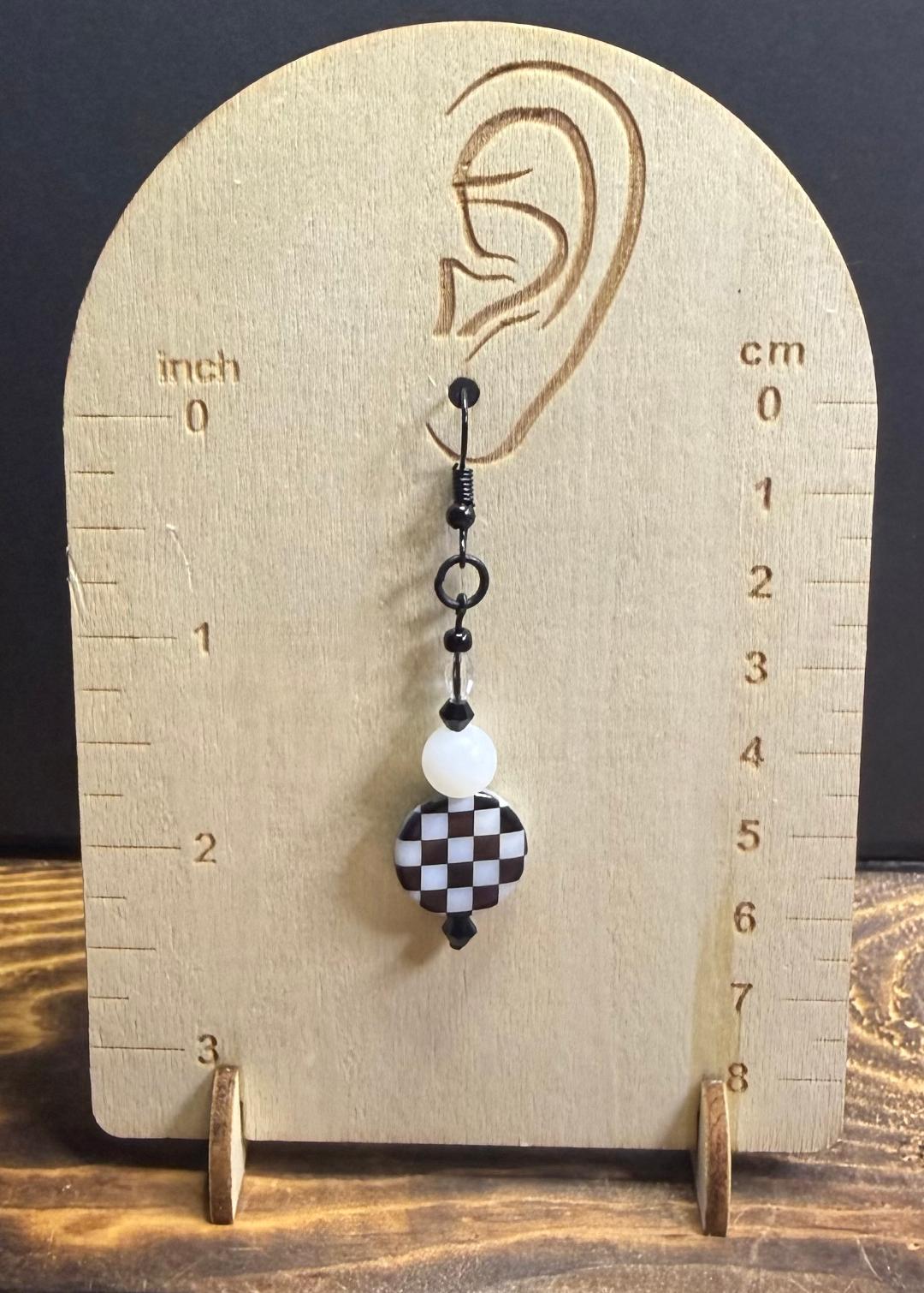 NEW Black & White Checkered Painted Shell Earrings w/ Glass Beads