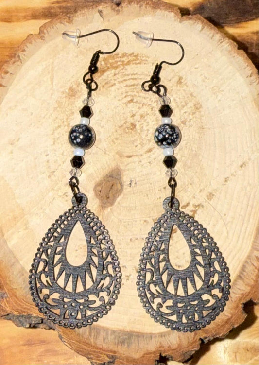 NEW Fancy Cut Black Wood Teardrop & Marbled Glass Bead Earrings