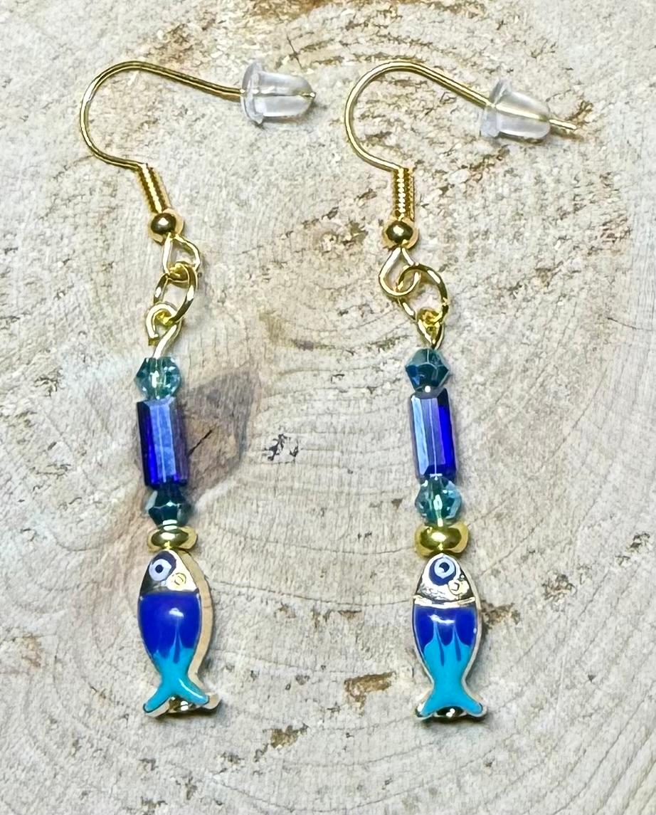 NEW Cutest Enamel Teal & Blue Fish Charm Earrings w/ Glass Beads