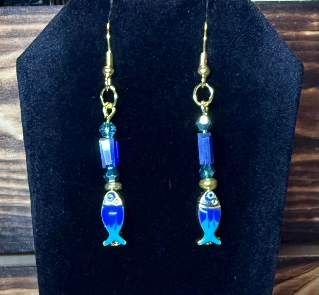 NEW Cutest Enamel Teal & Blue Fish Charm Earrings w/ Glass Beads