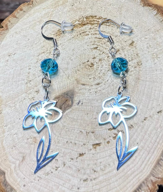 NEW Stainless Steel Silver Hollow Flower Outline Charm &  Teal Blue Bead Earrings