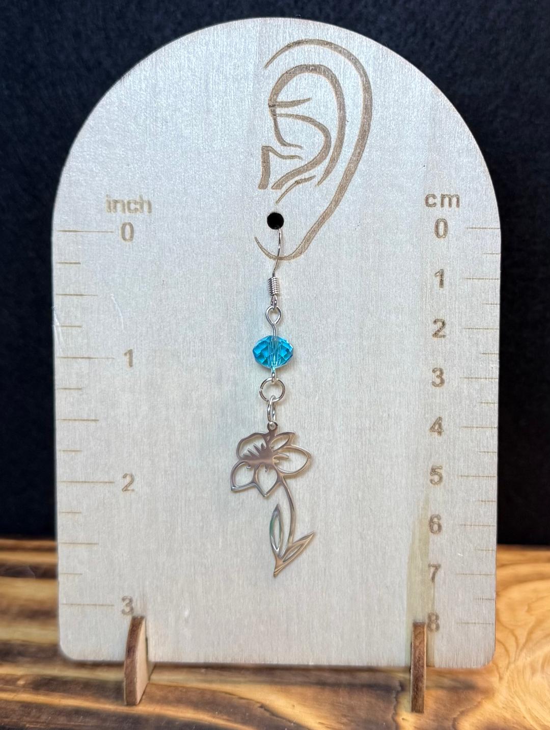 NEW Stainless Steel Silver Hollow Flower Outline Charm &  Teal Blue Bead Earrings