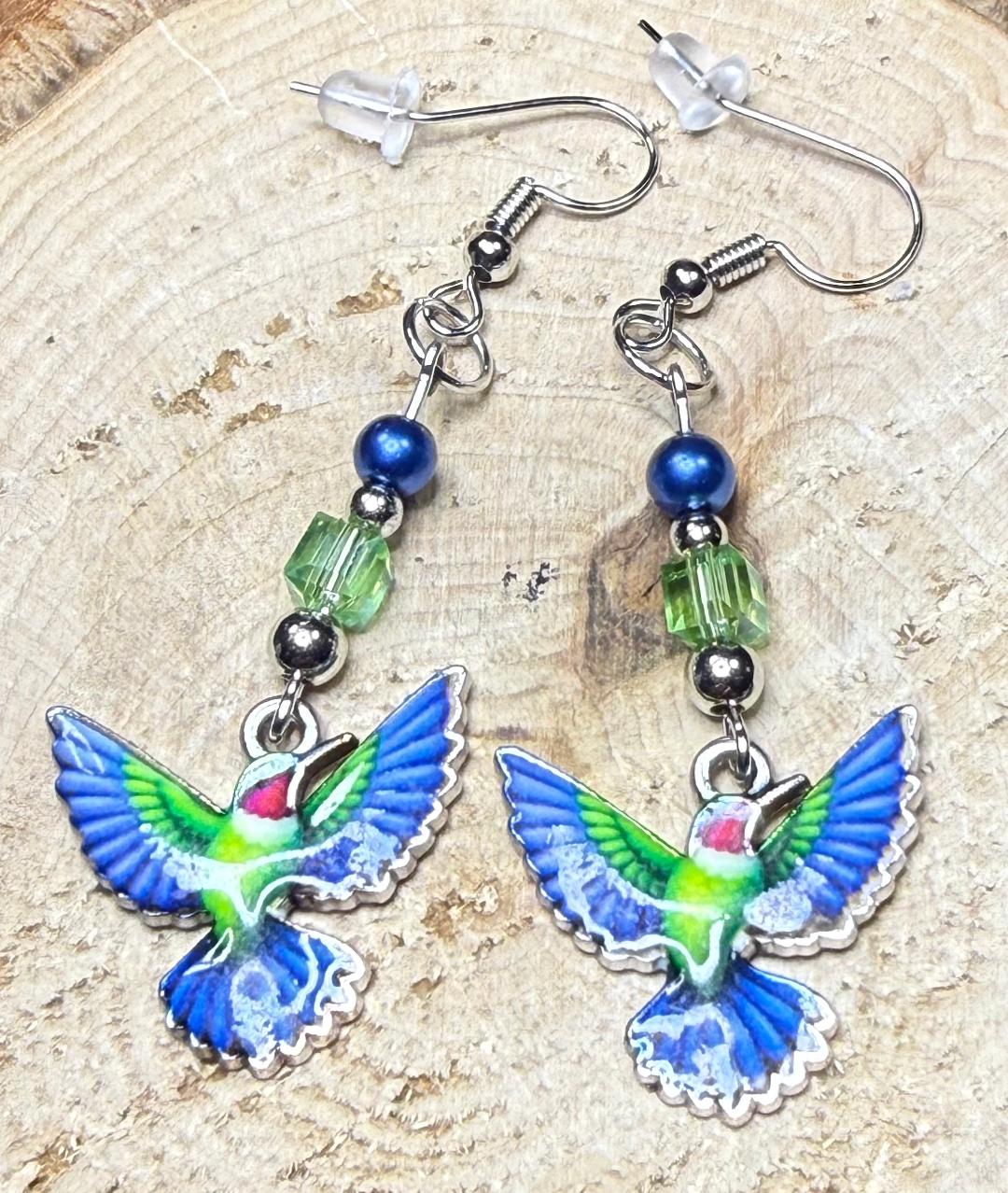 NEW Unique Blue & Green Boho Hummingbird Enamel Charm Earrings w/ Matching Beads
