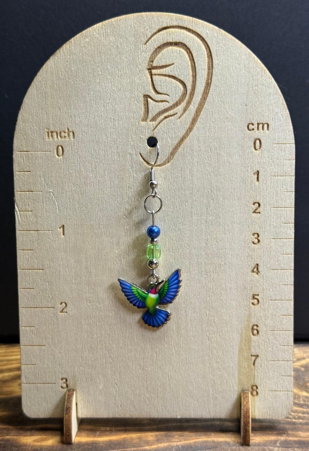 NEW Unique Blue & Green Boho Hummingbird Enamel Charm Earrings w/ Matching Beads