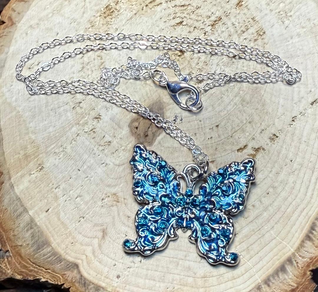 NEW Large Blue Rhinestone Embellished Butterfly Necklace
