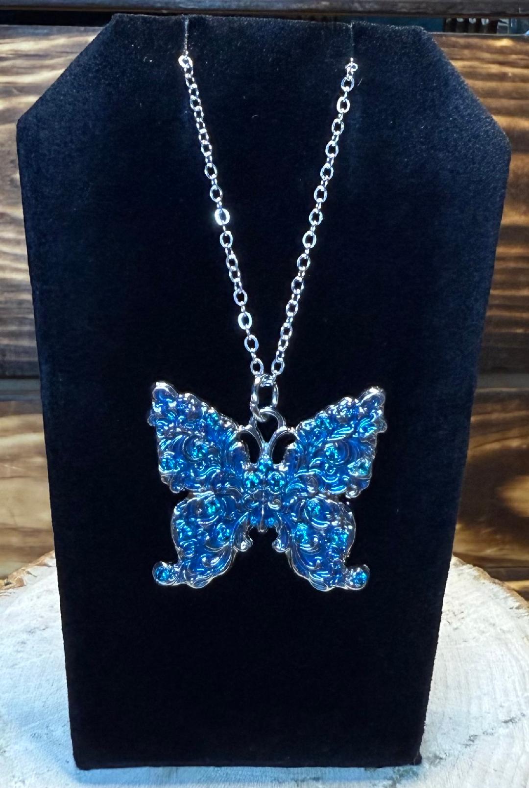 NEW Large Blue Rhinestone Embellished Butterfly Necklace