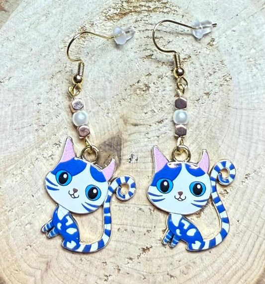 NEW Blue Cartoon Enamel Cat Kitten Earrings & Faux Pearl Bead
