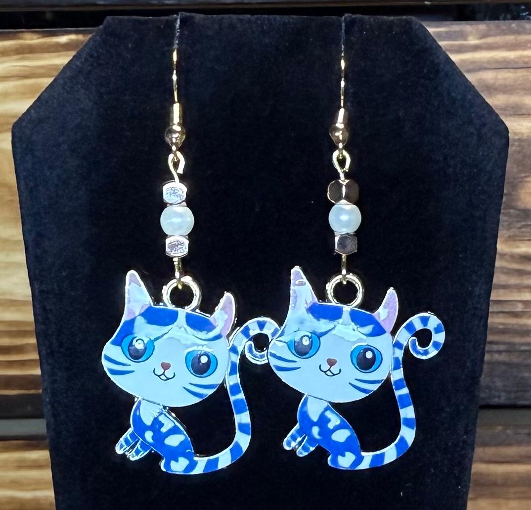 NEW Blue Cartoon Enamel Cat Kitten Earrings & Faux Pearl Bead