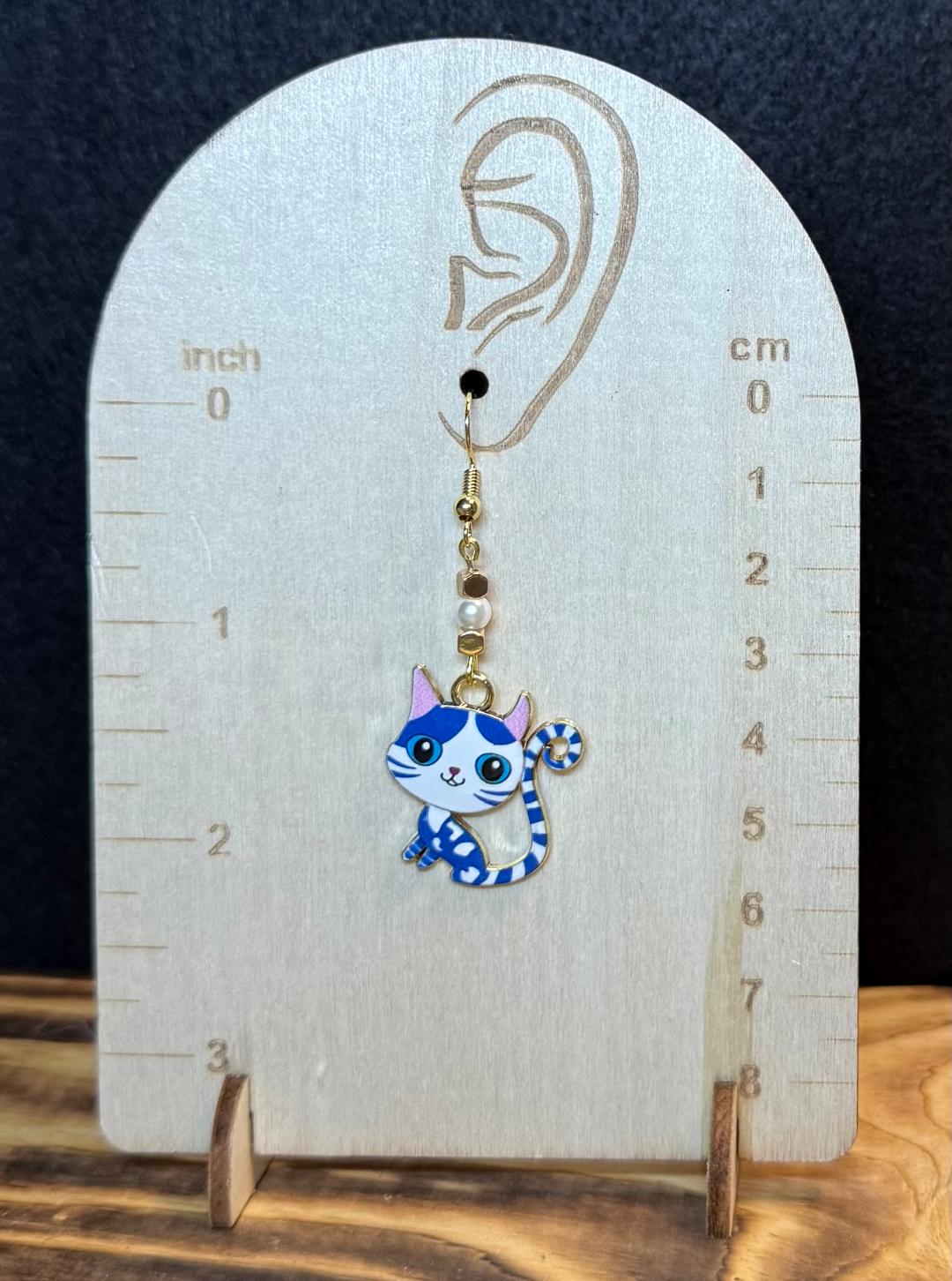 NEW Blue Cartoon Enamel Cat Kitten Earrings & Faux Pearl Bead