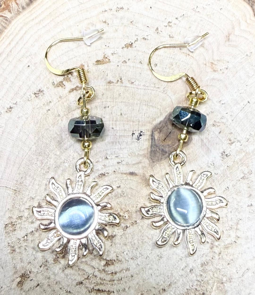 NEW Blue Cat's Eye Center Sunburst Earrings w/ Glass Beads