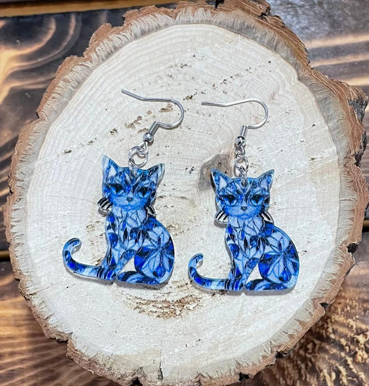 NEW Vibrant Blue Stained Glass Style Boho Acrylic Cat Kitten Earrings