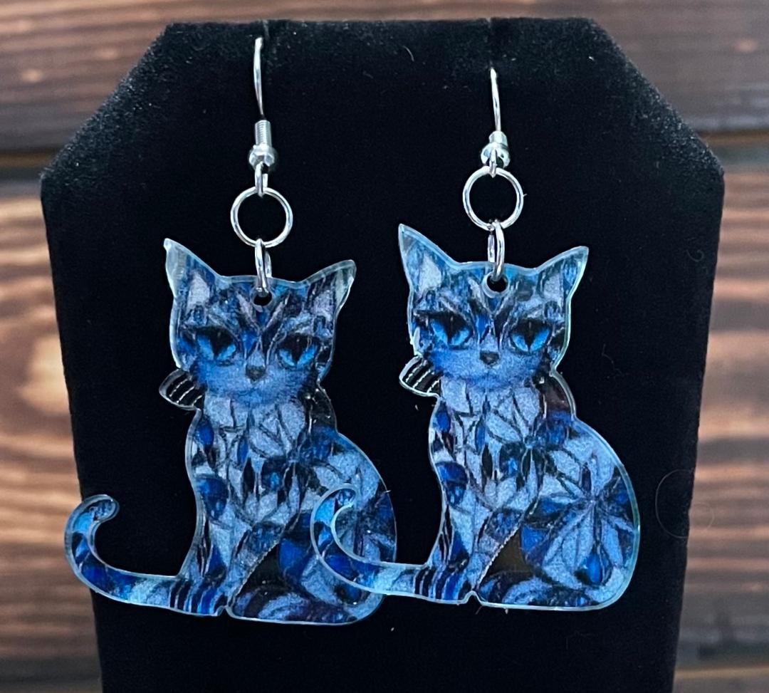 NEW Vibrant Blue Stained Glass Style Boho Acrylic Cat Kitten Earrings