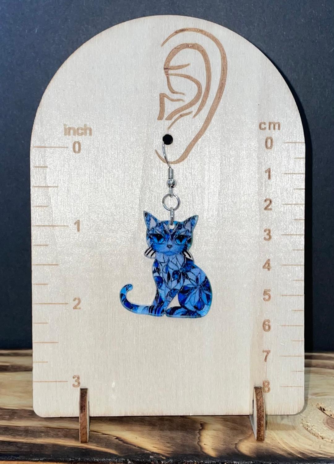 NEW Vibrant Blue Stained Glass Style Boho Acrylic Cat Kitten Earrings