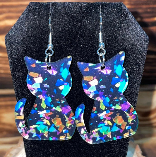 NEW Double Sided Blue Confetti Acrylic Cat Earrings