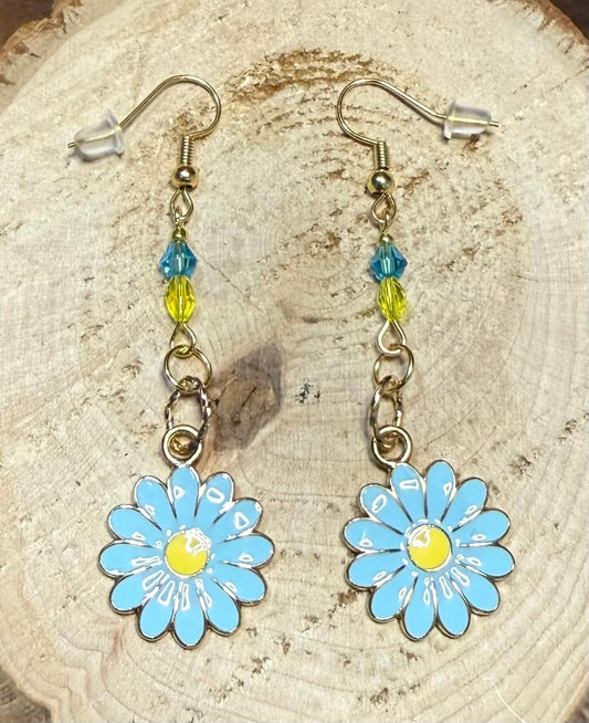 NEW Blue Enamel Daisy Charm Earrings w/ Yellow & Blue Faceted Beads