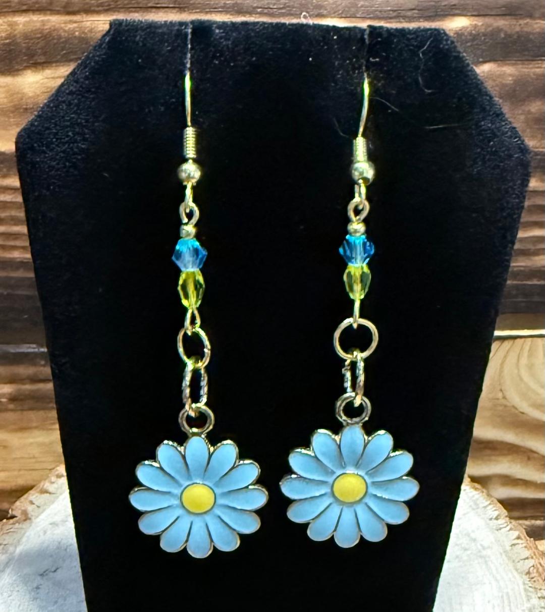 NEW Blue Enamel Daisy Charm Earrings w/ Yellow & Blue Faceted Beads