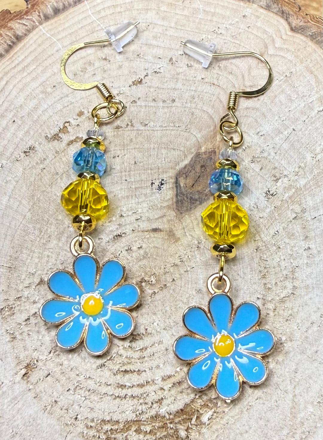 *NEW Blue Enamel Daisy Charm Earrings w/ Yellow & Blue Faceted Glass Beads