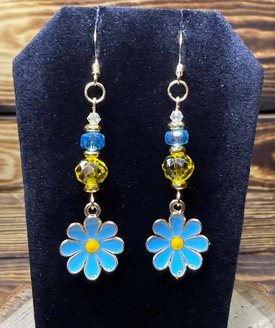 *NEW Blue Enamel Daisy Charm Earrings w/ Yellow & Blue Faceted Glass Beads