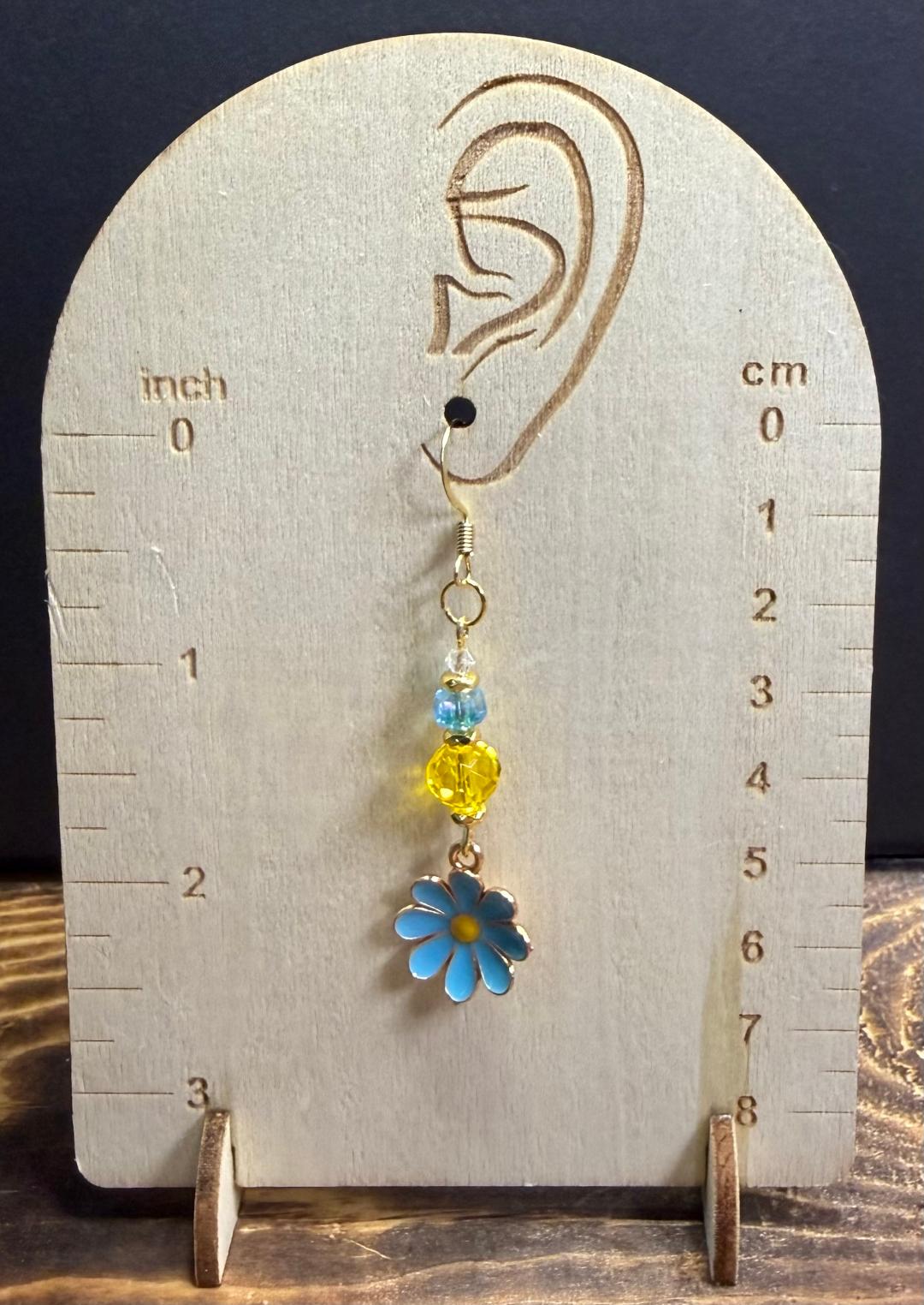 *NEW Blue Enamel Daisy Charm Earrings w/ Yellow & Blue Faceted Glass Beads
